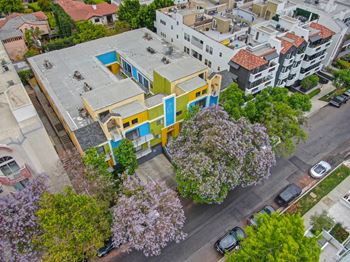 arial view of the brightly painted community with views of the blooming trees at the entrance and street parking available.